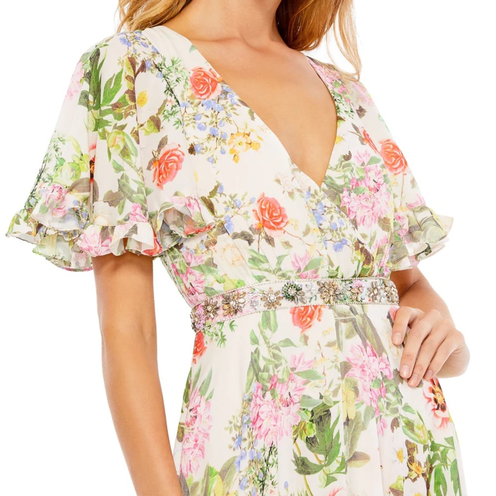 Mac Duggal floral print flutter sleeve maxi dress - Picture 2 of 4